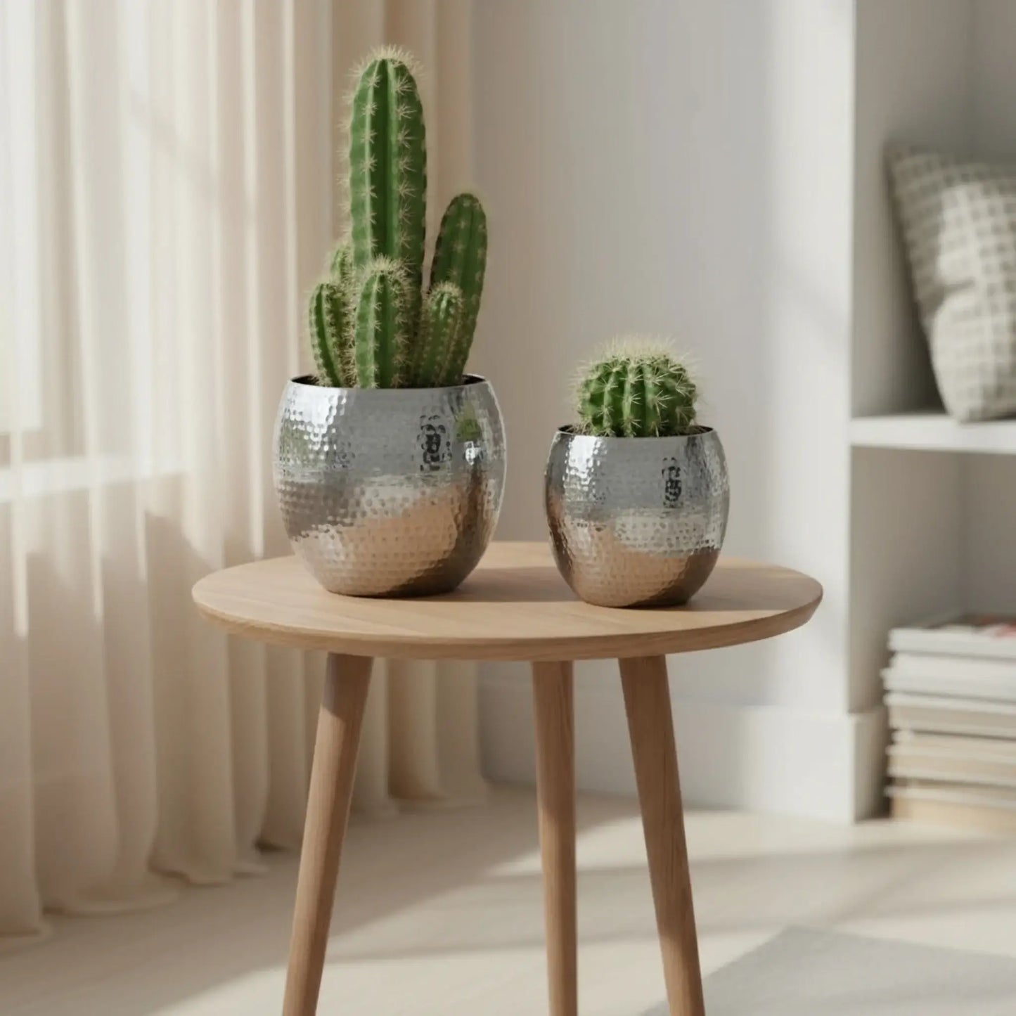 Übertopf Blumentopf Silber Pflanztopf Deko 2er Set glänzend rund Hammerschlag