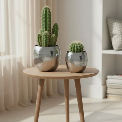 Übertopf Blumentopf Silber Pflanztopf Deko 2er Set glänzend rund Hammerschlag
