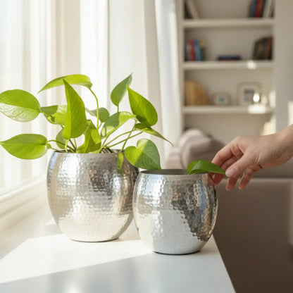 Übertopf Blumentopf Silber Pflanztopf Deko 2er Set glänzend rund Hammerschlag