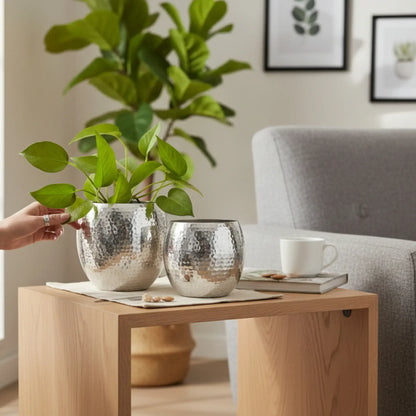 Übertopf Blumentopf Silber Pflanztopf Deko 2er Set glänzend rund Hammerschlag