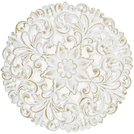 Wandbild Holzbild Ornament weiß gold 39 cm Landhaus Mandala shabby